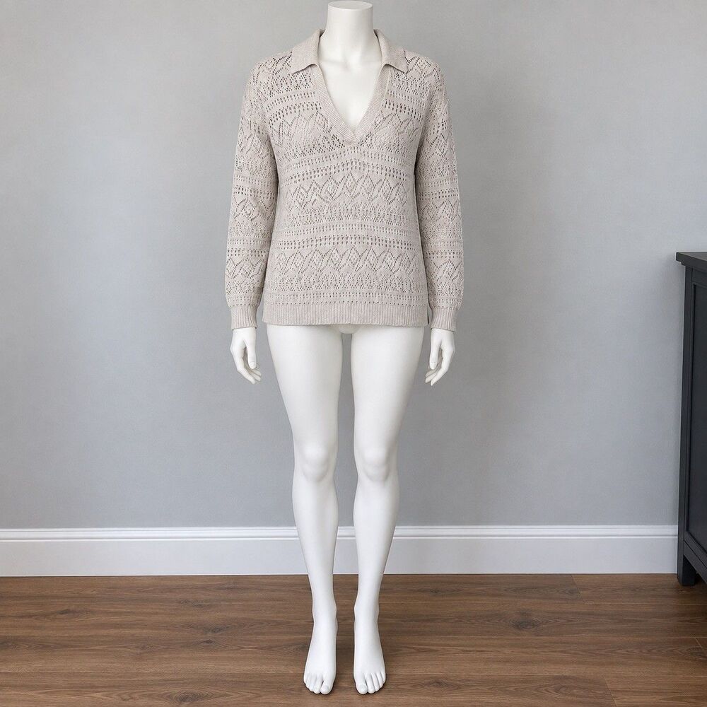 LOFT Pointelle Knit Sweater Womens XS Ivory Cotton Collared V Neck Openwork